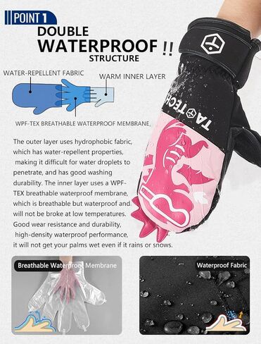 قفازات TaoTech للأطفال للتزلج على الجليد، قفازات من البولي يوريثان، قفازات مقاومة للماء وحماية من البرد للأطفال والأولاد والبنات ورياضات التزلج على الجليد في الهواء الطلق (S، Snowsaurus/أخضر) in Kuwait
