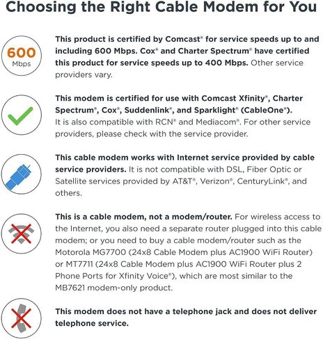 Motorola 24x8 Cable Modem, Model MB7621, DOCSIS 3.0. Approved by Comcast Xfinity, Cox, Charter Spectrum, Time Warner Cable, and More. Downloads 1,000 Mbps Maximum (No WiFi) (Renewed) in Saudi Arabia