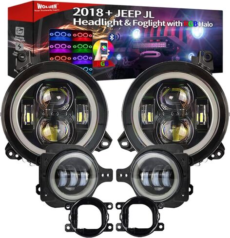 WOLUEN For Je ep JL RGB Halo المصابيح الأمامية ومصابيح الضباب - مصابيح أمامية LED RGB هالو فائقة السطوع 9 بوصة، ضباب RGB 4 بوصة لـ 2018-2023+ Wrangler JL Sahara Rubicon 2020-2023+ Gladiator JT in Saudi Arabia