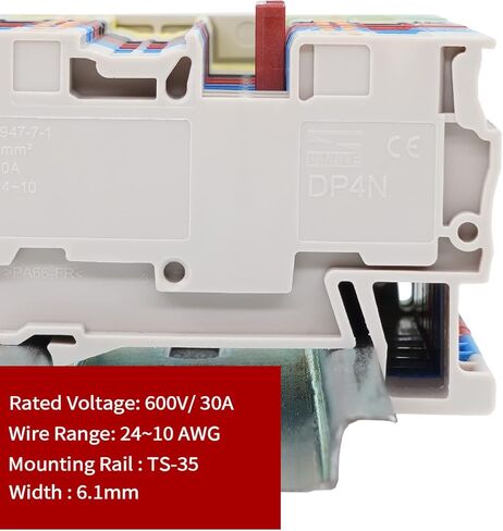 مجموعة Dinkle DP4N DIN للسكك الحديدية 600 فولت 30 أمبير، موصل موصل سلكي، تصميم دفع سريع لكابل الأسلاك، العرض: 6.1 مم، مستخدم لإدارة الألوان مع 2 * تأريض in Kuwait