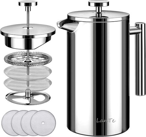 LANTE French Press Coffee Maker, Double Insulated 304 Stainless Steel Coffee Tea Maker 4 Level Filtration System, No Coffee Grounds, Rust-Free, Dishwasher Safe in Saudi Arabia