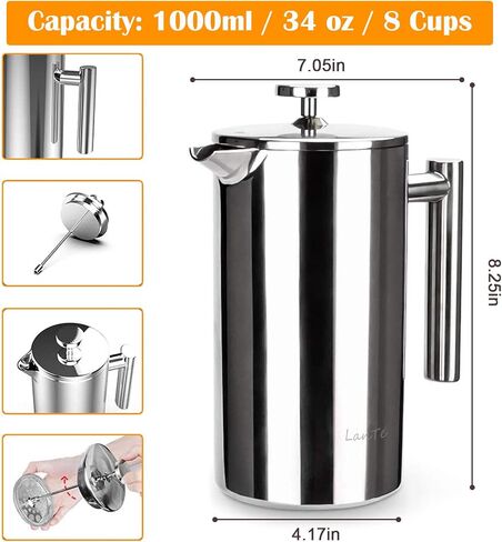 LANTE French Press Coffee Maker, Double Insulated 304 Stainless Steel Coffee Tea Maker 4 Level Filtration System, No Coffee Grounds, Rust-Free, Dishwasher Safe in Saudi Arabia