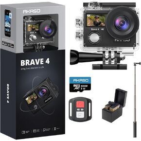 كاميرا AKASO Brave 4 Action مع بطاقة MicroSD U3 سعة 64 جيجابايت ومجموعة حامل ثلاثي القوائم لعصا سيلفي 60 سم in Kuwait
