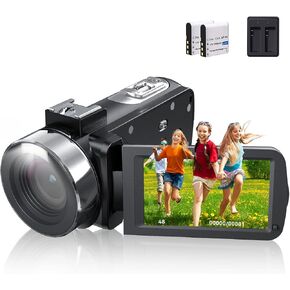 كاميرا فيديو بدقة 4K بدقة 48 ميجابكسل وتكبير رقمي 16X وشاشة دوران 3 بوصات وكاميرات تسجيل فيديو بزاوية 270 درجة لكاميرا فيديو مدمجة على YouTube مع بطاريتين وبطاقة SD سعة 32 جيجابايت وجهاز تحكم عن بعد وشاحن in Kuwait