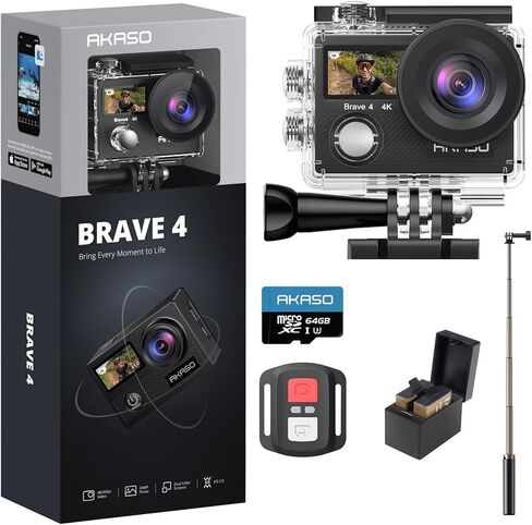 كاميرا AKASO Brave 4 Action مع بطاقة MicroSD U3 سعة 64 جيجابايت ومجموعة حامل ثلاثي القوائم لعصا سيلفي 60 سم in Kuwait