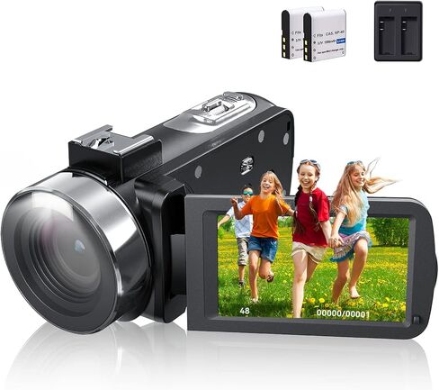 كاميرا فيديو بدقة 4K بدقة 48 ميجابكسل وتكبير رقمي 16X وشاشة دوران 3 بوصات وكاميرات تسجيل فيديو بزاوية 270 درجة لكاميرا فيديو مدمجة على YouTube مع بطاريتين وبطاقة SD سعة 32 جيجابايت وجهاز تحكم عن بعد وشاحن in Kuwait