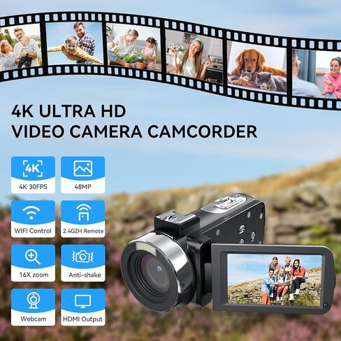 كاميرا فيديو بدقة 4K بدقة 48 ميجابكسل وتكبير رقمي 16X وشاشة دوران 3 بوصات وكاميرات تسجيل فيديو بزاوية 270 درجة لكاميرا فيديو مدمجة على YouTube مع بطاريتين وبطاقة SD سعة 32 جيجابايت وجهاز تحكم عن بعد وشاحن in Kuwait