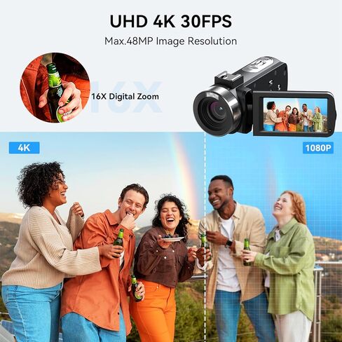 كاميرا فيديو بدقة 4K بدقة 48 ميجابكسل وتكبير رقمي 16X وشاشة دوران 3 بوصات وكاميرات تسجيل فيديو بزاوية 270 درجة لكاميرا فيديو مدمجة على YouTube مع بطاريتين وبطاقة SD سعة 32 جيجابايت وجهاز تحكم عن بعد وشاحن in Kuwait