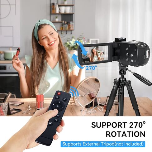 كاميرا فيديو بدقة 4K بدقة 48 ميجابكسل وتكبير رقمي 16X وشاشة دوران 3 بوصات وكاميرات تسجيل فيديو بزاوية 270 درجة لكاميرا فيديو مدمجة على YouTube مع بطاريتين وبطاقة SD سعة 32 جيجابايت وجهاز تحكم عن بعد وشاحن in Kuwait