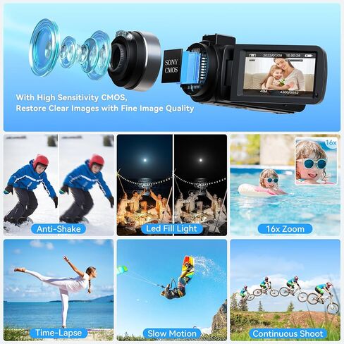 كاميرا فيديو بدقة 4K بدقة 48 ميجابكسل وتكبير رقمي 16X وشاشة دوران 3 بوصات وكاميرات تسجيل فيديو بزاوية 270 درجة لكاميرا فيديو مدمجة على YouTube مع بطاريتين وبطاقة SD سعة 32 جيجابايت وجهاز تحكم عن بعد وشاحن in Kuwait