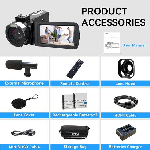 كاميرا فيديو بدقة 4K بدقة 48 ميجابكسل وتكبير رقمي 16X وشاشة دوران 3 بوصات وكاميرات تسجيل فيديو بزاوية 270 درجة لكاميرا فيديو مدمجة على YouTube مع بطاريتين وبطاقة SD سعة 32 جيجابايت وجهاز تحكم عن بعد وشاحن in Kuwait