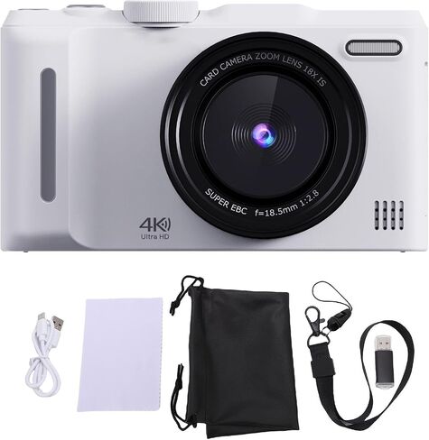 4K 48MP Digital Camera with 3.0" 180 Degree Flip Screen,18X Zoom, Vlogging Camera for Travel,USB Webcam Function (White) in Saudi Arabia