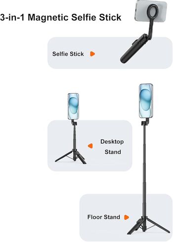EBTOOLS حامل ثلاثي عصا سيلفي 64 سم، ارتفاع قابل للتعديل، جهاز تحكم عن بعد لاسلكي، دوران 360 درجة، مضاد للاهتزاز، عصا سيلفي مغناطيسية 3 في 1 قابلة للتمديد، حامل هاتف مغناطيسي قابل للطي in Kuwait