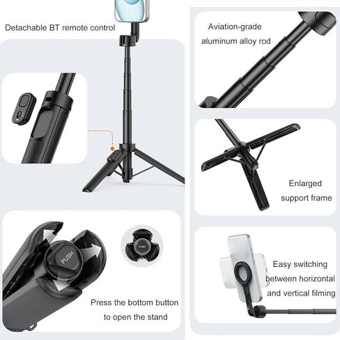 EBTOOLS حامل ثلاثي عصا سيلفي 64 سم، ارتفاع قابل للتعديل، جهاز تحكم عن بعد لاسلكي، دوران 360 درجة، مضاد للاهتزاز، عصا سيلفي مغناطيسية 3 في 1 قابلة للتمديد، حامل هاتف مغناطيسي قابل للطي in Kuwait