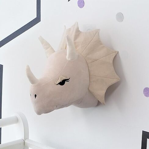3D Dinosaur Head Wall Hanging Mounted Decor Soft Plush Stuffed Animal Heads Wall Mount Decor for Children Room Nursery Room Bedroom Playroom Decoration (White Dinosaur) in Kuwait