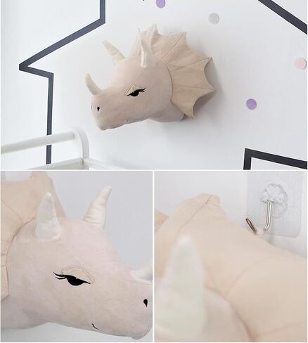 3D Dinosaur Head Wall Hanging Mounted Decor Soft Plush Stuffed Animal Heads Wall Mount Decor for Children Room Nursery Room Bedroom Playroom Decoration (White Dinosaur) in Kuwait