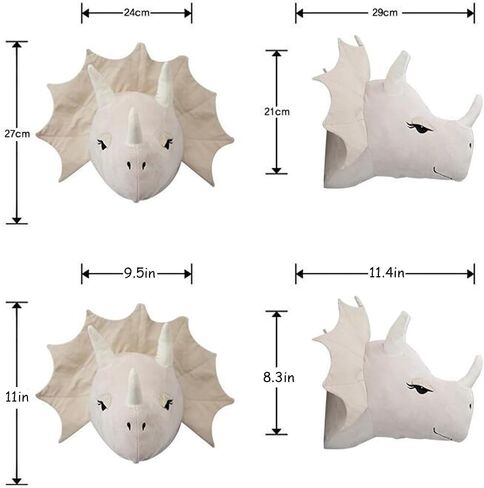 3D Dinosaur Head Wall Hanging Mounted Decor Soft Plush Stuffed Animal Heads Wall Mount Decor for Children Room Nursery Room Bedroom Playroom Decoration (White Dinosaur) in Kuwait