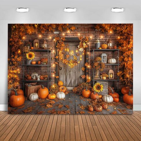 Mocsicka Fall Pumpkin Photography Backdrop Autumn Harvest Barn Background Party Decorations Maple Leaves Rustic Wooden Door Photo Booth Props (Orange, 7x5ft(82"x60")) in Saudi Arabia