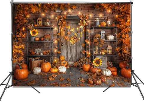 Mocsicka Fall Pumpkin Photography Backdrop Autumn Harvest Barn Background Party Decorations Maple Leaves Rustic Wooden Door Photo Booth Props (Orange, 7x5ft(82"x60")) in Saudi Arabia