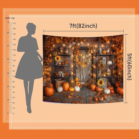 Mocsicka Fall Pumpkin Photography Backdrop Autumn Harvest Barn Background Party Decorations Maple Leaves Rustic Wooden Door Photo Booth Props (Orange, 7x5ft(82"x60")) in Saudi Arabia