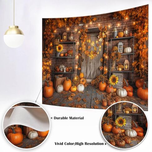 Mocsicka Fall Pumpkin Photography Backdrop Autumn Harvest Barn Background Party Decorations Maple Leaves Rustic Wooden Door Photo Booth Props (Orange, 7x5ft(82"x60")) in Saudi Arabia