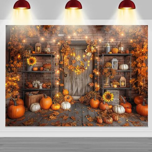 Mocsicka Fall Pumpkin Photography Backdrop Autumn Harvest Barn Background Party Decorations Maple Leaves Rustic Wooden Door Photo Booth Props (Orange, 7x5ft(82"x60")) in Saudi Arabia