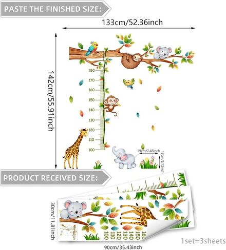 Joyartu 3 Sheets Jungle Animals Tree Wall Decals Giraffe & Monkeys Kids Height Wall Stickers Baby Nursery Kids Bedroom Living Room Wall Decor(11.8 x 35.4 inches Each) in Saudi Arabia