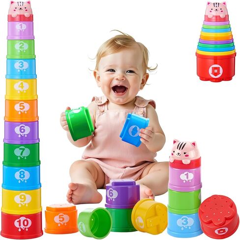 Baby Stacking Cups, Sorting Stacking Toys for Toddlers 1-3 Nesting Stackable Block with Number Montessori Toys for 1 Year Old Educational Sand Bath Birthday Gift for 6 9 12 18 Month Boy Girl in Kuwait