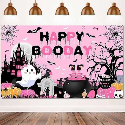 ديكورات حفلات Happy Boo Day، خلفية التقاط الصور لحفلات عيد الهالوين الوردية، مستلزمات ديكور عيد ميلاد شبح لطيف للأولاد والبنات (43.3 * 70.8 بوصة) (يوم وردي سعيد بوو) in Kuwait