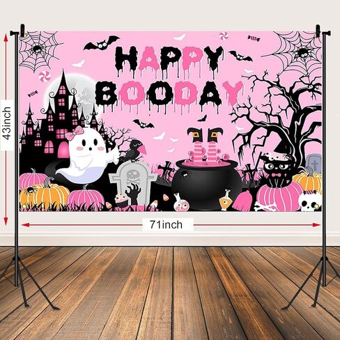 ديكورات حفلات Happy Boo Day، خلفية التقاط الصور لحفلات عيد الهالوين الوردية، مستلزمات ديكور عيد ميلاد شبح لطيف للأولاد والبنات (43.3 * 70.8 بوصة) (يوم وردي سعيد بوو) in Kuwait