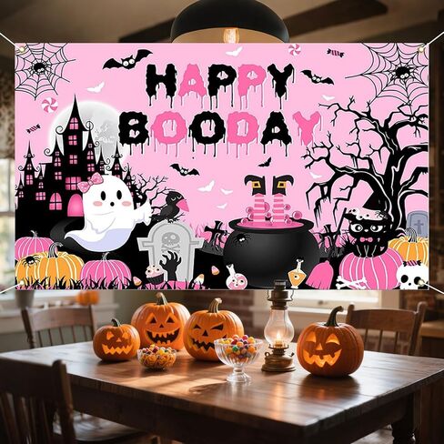 ديكورات حفلات Happy Boo Day، خلفية التقاط الصور لحفلات عيد الهالوين الوردية، مستلزمات ديكور عيد ميلاد شبح لطيف للأولاد والبنات (43.3 * 70.8 بوصة) (يوم وردي سعيد بوو) in Kuwait
