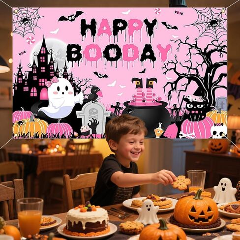 ديكورات حفلات Happy Boo Day، خلفية التقاط الصور لحفلات عيد الهالوين الوردية، مستلزمات ديكور عيد ميلاد شبح لطيف للأولاد والبنات (43.3 * 70.8 بوصة) (يوم وردي سعيد بوو) in Kuwait