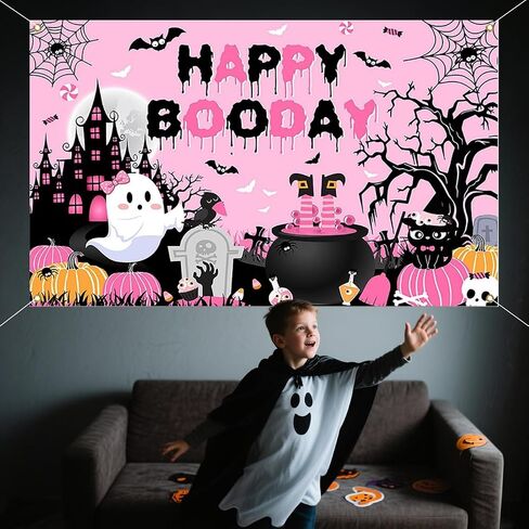 ديكورات حفلات Happy Boo Day، خلفية التقاط الصور لحفلات عيد الهالوين الوردية، مستلزمات ديكور عيد ميلاد شبح لطيف للأولاد والبنات (43.3 * 70.8 بوصة) (يوم وردي سعيد بوو) in Kuwait