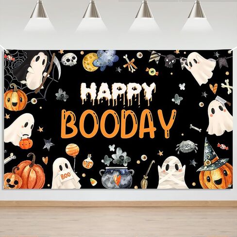 Mocsicka Halloween Happy Birthday Banner Backdrop Booday Birthday Party Decorations for Kids Cute Spooky Ghost Halloween Birthday Party Decorations Photo Studio Props Supplies 6x3.6ft in Saudi Arabia