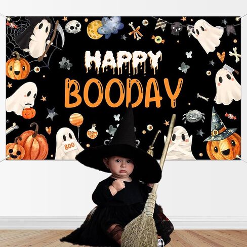 Mocsicka Halloween Happy Birthday Banner Backdrop Booday Birthday Party Decorations for Kids Cute Spooky Ghost Halloween Birthday Party Decorations Photo Studio Props Supplies 6x3.6ft in Saudi Arabia