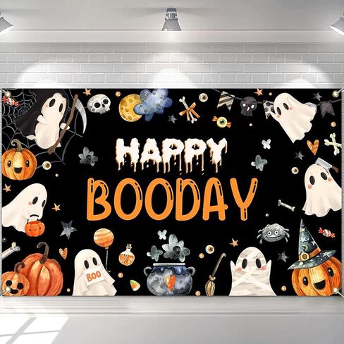 Mocsicka Halloween Happy Birthday Banner Backdrop Booday Birthday Party Decorations for Kids Cute Spooky Ghost Halloween Birthday Party Decorations Photo Studio Props Supplies 6x3.6ft in Saudi Arabia