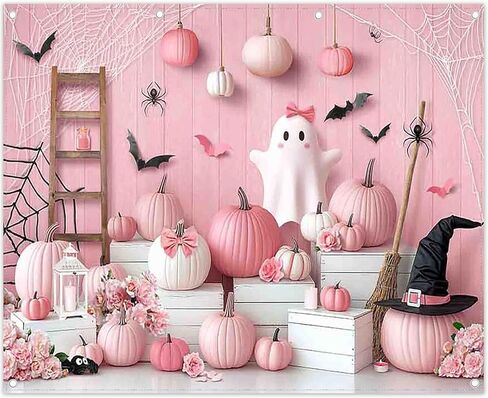 ZTHMOE Fabric 7x5ft Pink Halloween Photography Backdrop Boo Cartoon Cute Spooky Ghost Pumpkins Background Girls Kids Birthday Baby Shower Party Decoratins Photo Booth Banner in Saudi Arabia