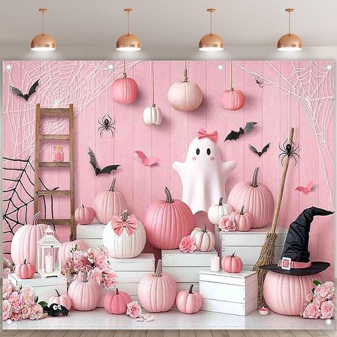 ZTHMOE Fabric 7x5ft Pink Halloween Photography Backdrop Boo Cartoon Cute Spooky Ghost Pumpkins Background Girls Kids Birthday Baby Shower Party Decoratins Photo Booth Banner in Saudi Arabia