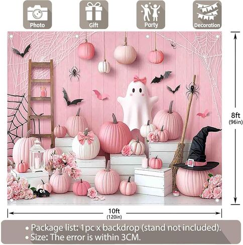 ZTHMOE Fabric 7x5ft Pink Halloween Photography Backdrop Boo Cartoon Cute Spooky Ghost Pumpkins Background Girls Kids Birthday Baby Shower Party Decoratins Photo Booth Banner in Saudi Arabia