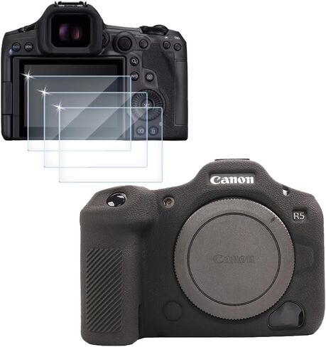 حافظة كاميرا لكاميرا Canon EOS R5 Mark II، غطاء حماية ناعم من السيليكون + 3 قطع واقيات شاشة من الزجاج المقوى، ملحقات كاميرا مضادة للخدش ومقاومة للصدمات - أسود (أسود) in Kuwait