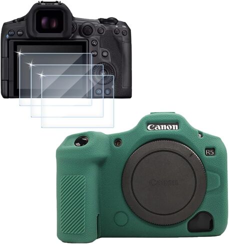 حافظة كاميرا لكاميرا Canon EOS R5 Mark II، غطاء حماية ناعم من السيليكون + 3 قطع واقيات شاشة من الزجاج المقوى، ملحقات كاميرا مضادة للخدش ومقاومة للصدمات - أسود (أسود) in Kuwait