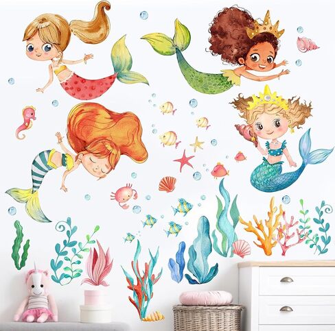 Multicultural Mermaid Under The Sea Wall Decal Stickers, Ocean Creature Marine Life Seaweed Decoration Bedroom Playroom Art, Coastal Beach Room Bathroom Decor in Saudi Arabia