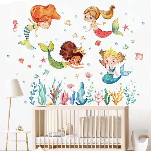 Multicultural Mermaid Under The Sea Wall Decal Stickers, Ocean Creature Marine Life Seaweed Decoration Bedroom Playroom Art, Coastal Beach Room Bathroom Decor in Saudi Arabia