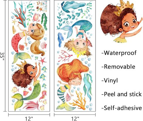 Multicultural Mermaid Under The Sea Wall Decal Stickers, Ocean Creature Marine Life Seaweed Decoration Bedroom Playroom Art, Coastal Beach Room Bathroom Decor in Saudi Arabia