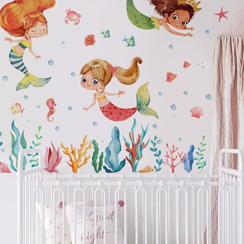 Multicultural Mermaid Under The Sea Wall Decal Stickers, Ocean Creature Marine Life Seaweed Decoration Bedroom Playroom Art, Coastal Beach Room Bathroom Decor in Saudi Arabia