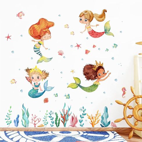 Multicultural Mermaid Under The Sea Wall Decal Stickers, Ocean Creature Marine Life Seaweed Decoration Bedroom Playroom Art, Coastal Beach Room Bathroom Decor in Saudi Arabia