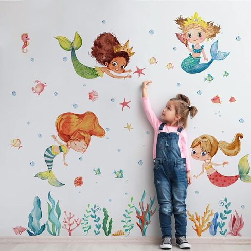 Multicultural Mermaid Under The Sea Wall Decal Stickers, Ocean Creature Marine Life Seaweed Decoration Bedroom Playroom Art, Coastal Beach Room Bathroom Decor in Saudi Arabia