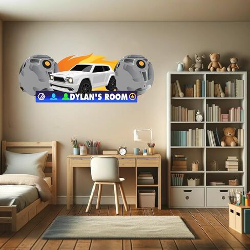 ملصق حائط لسيارة Rocket Battle Soccer League - اسم قابل للتخصيص - ديكور غرفة الأولاد - لوحة فنية جدارية لألعاب الأطفال - MOTIVODECORSPACES (سيارات الدفع الرباعي البيضاء) in Kuwait