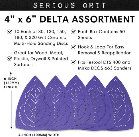 4" x 6" Delta P180 Grit Ceramic Sanding Sheets - 50 Pack Box | Fits Festool DTS 400 & Mirka DEOS 4x6 Delta - Multi-Hole Heavy-Duty Hook & Loop Film Sandpaper for Wood, Auto Body, Paint in Saudi Arabia