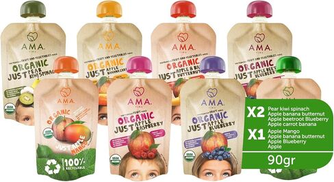 AMA TIME Organic Baby Food Pouches Variety Pack (12 Count, 8 Flavors) | Stage 1+ Fruit & Veggie Puree | Non-GMO Allergen-Free No Added Sugar | BPA-Free Pouches for Baby Led Weaning & Toddlers in Saudi Arabia